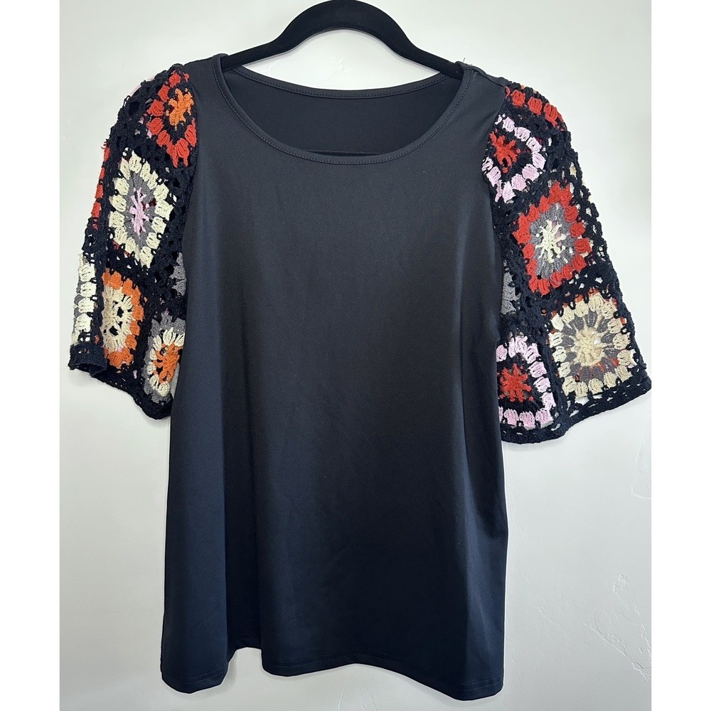 Women's Crochet Top Size‎ S Bell Sleeve Boho Cottage Craftcore Granny Square
